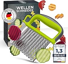 Showcases the product's design and functionality as a crinkle cutter for various foods. Illustrates the versatility of the product by showing different foods it can cut.