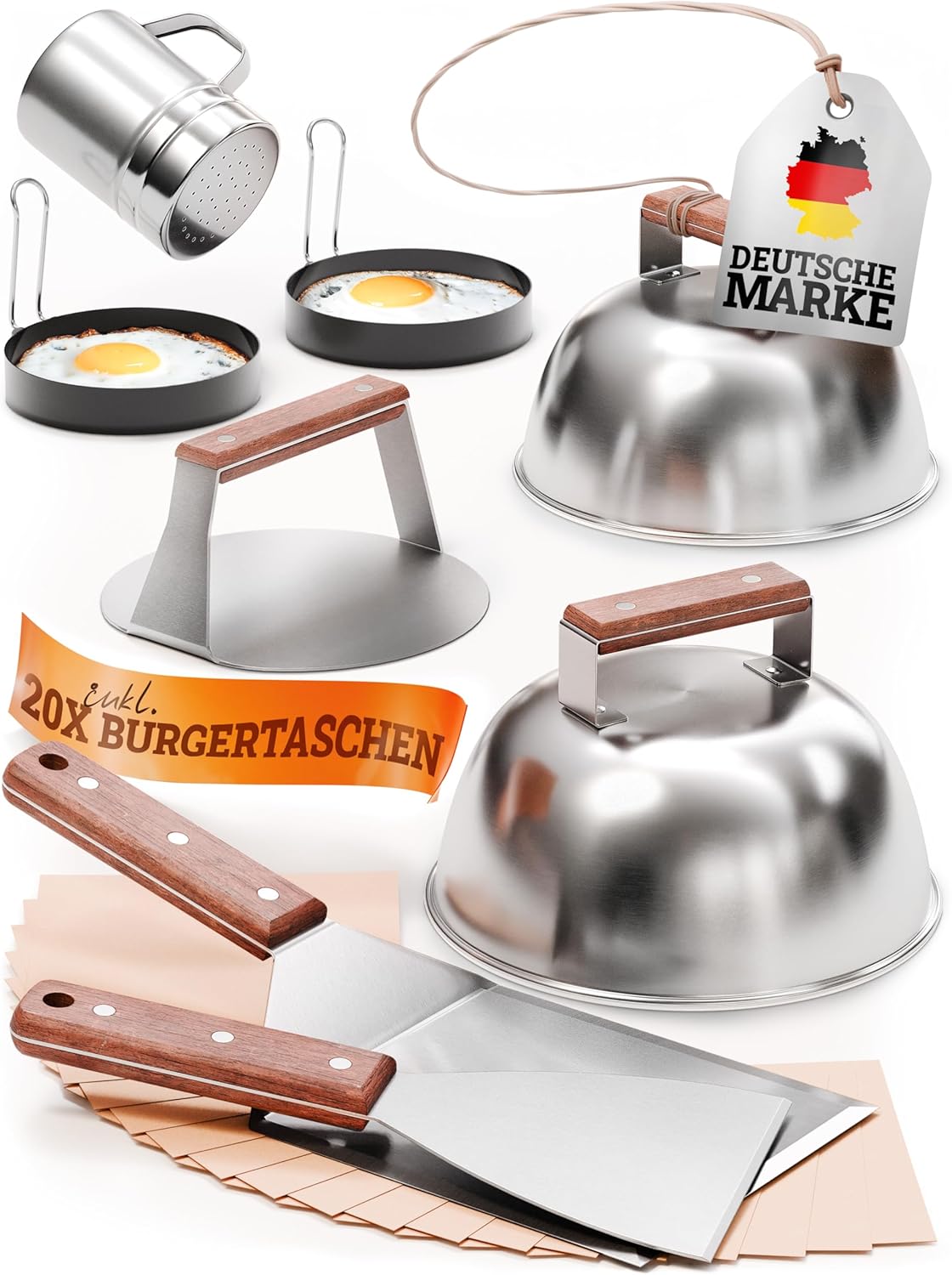 LIKAYA® Smash Burger Master-Set XXL [9-TLG.] Edelstahl mit Akazienholz-Griffen für Plancha: Hero Images