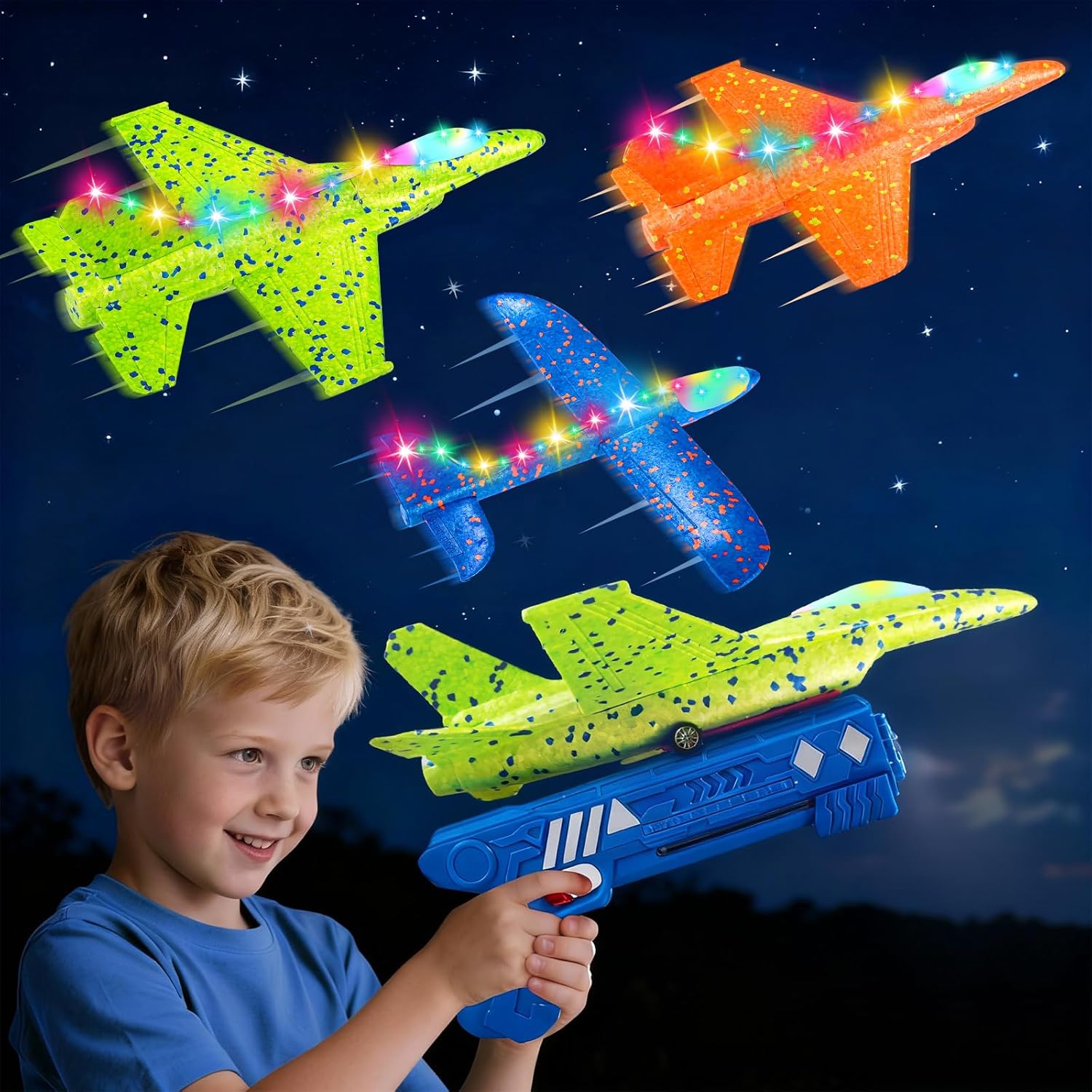 Showcase the vibrant, light-up toy planes and launcher included in the set Demonstrate the product in use by a child, highlighting its appeal and ease of use