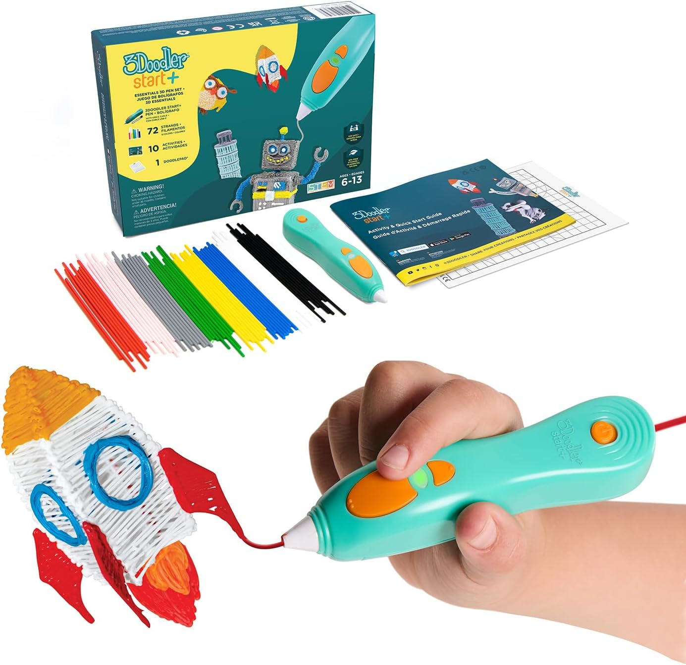 Showcase the full 3Doodler Start+ kit contents, including the 3D pen, filaments, and activity guide Display all included items to give a clear overview of what's in the package