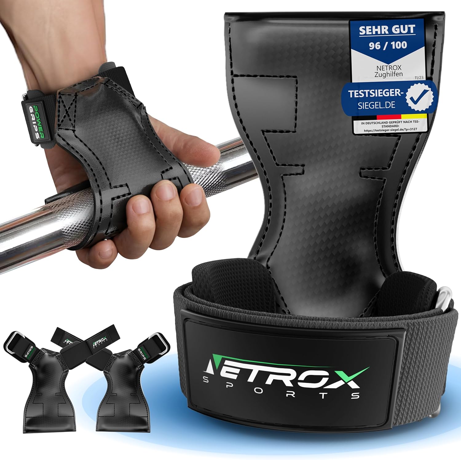 Showcases the product's design and functionality as weightlifting grips, highlighting its award-winning status. Demonstrates that the package includes multiple grips, showing the complete set…