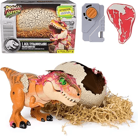 Showcase the complete product package including the dinosaur figure, egg shell, remote control, and accessories Display the product in its retail box to communicate brand identity and contents