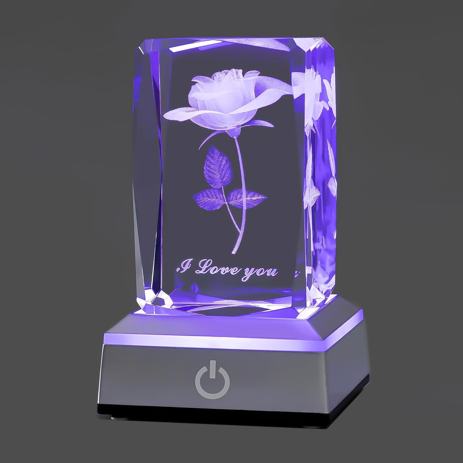 Showcase the unique 3D laser-engraved crystal design with LED base Highlight the romantic message and floral design illuminated by the LED base