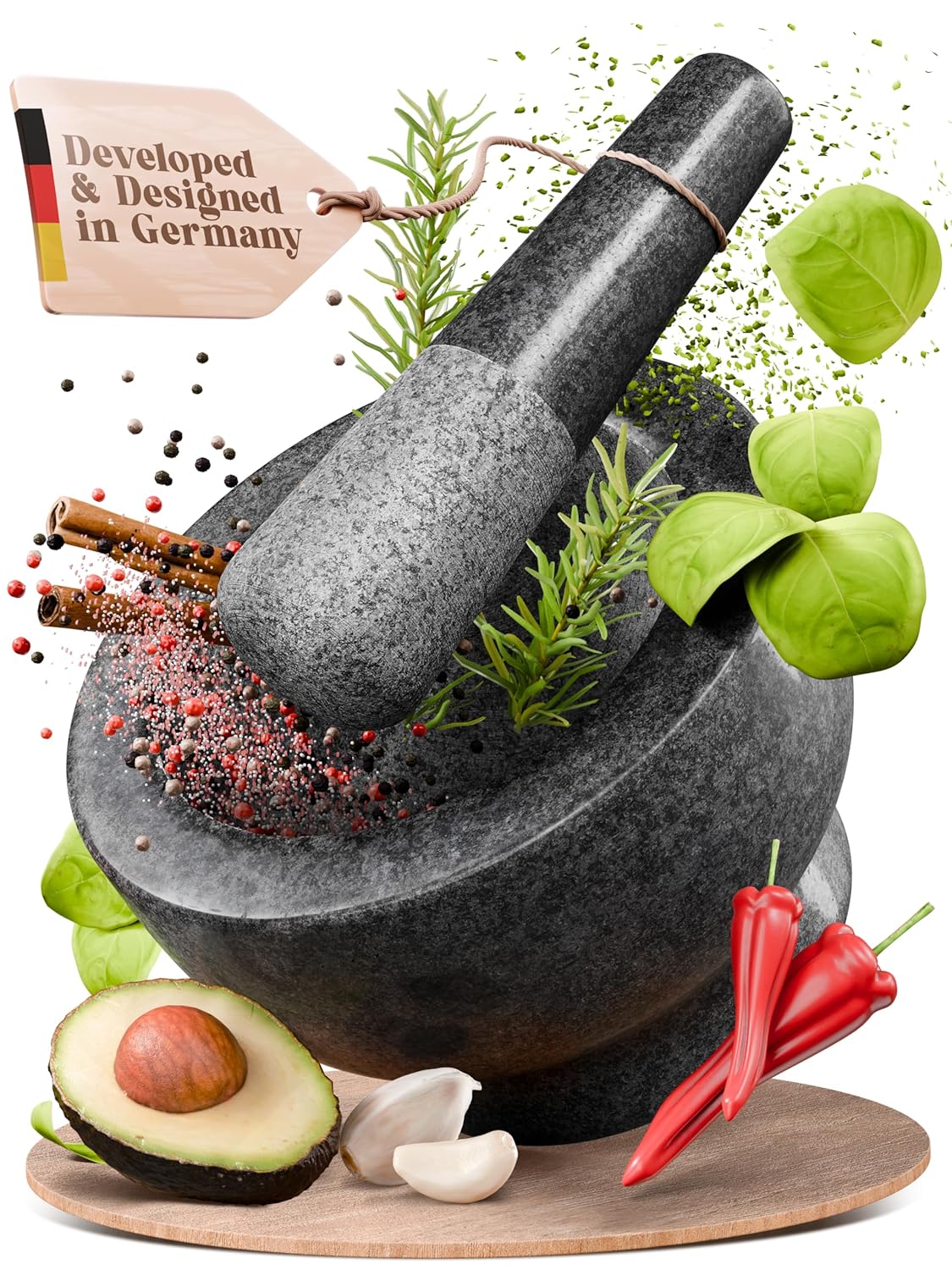 Showcases the product's high-quality construction and German origin, emphasizing its durability and authenticity. Illustrates the product's versatility in grinding various ingredients, appealing to…