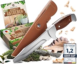 Showcases the complete product set, including the knife and its protective sheath, to inform buyers of all items included in the purchase. Uses decorative leaf elements and wood shavings to…