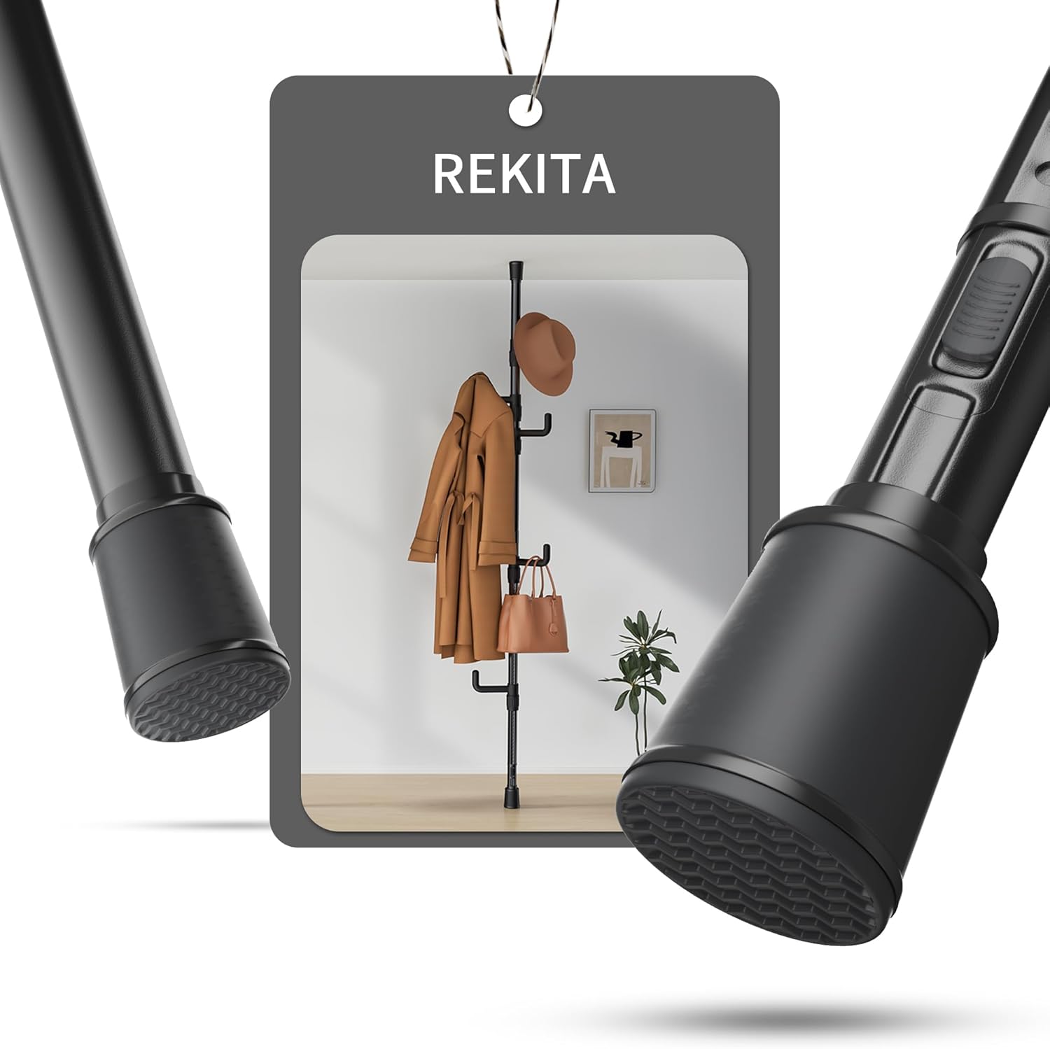 Showcases the product's functionality as a coat rack and storage solution for various items. Demonstrates how the product can create an organized and stylish entryway or living space.