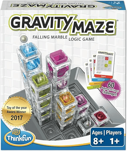 Showcase the full contents of the Gravity Maze game, including the colorful maze pieces and challenge cards Display all the individual components of the game, highlighting the variety of colorful…