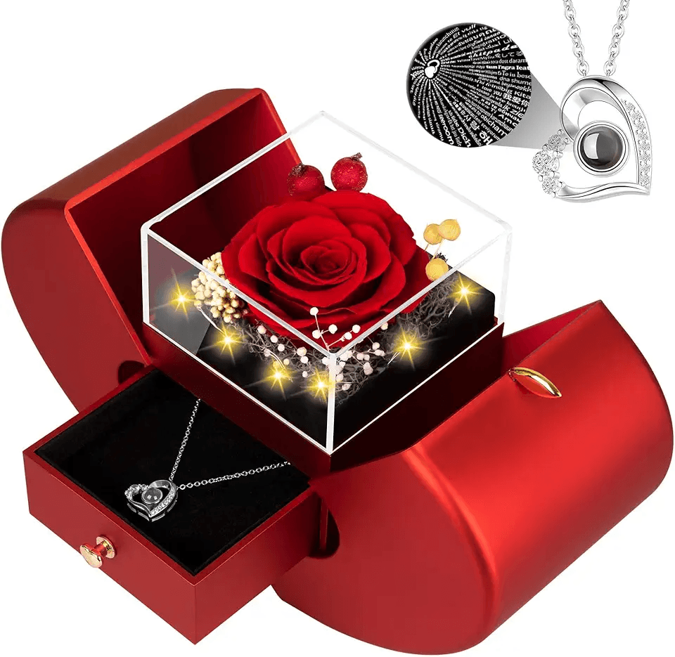 Showcase a complete romantic gift package including preserved rose, jewelry, and decorative box Highlight the luxurious packaging and presentation of the gift set