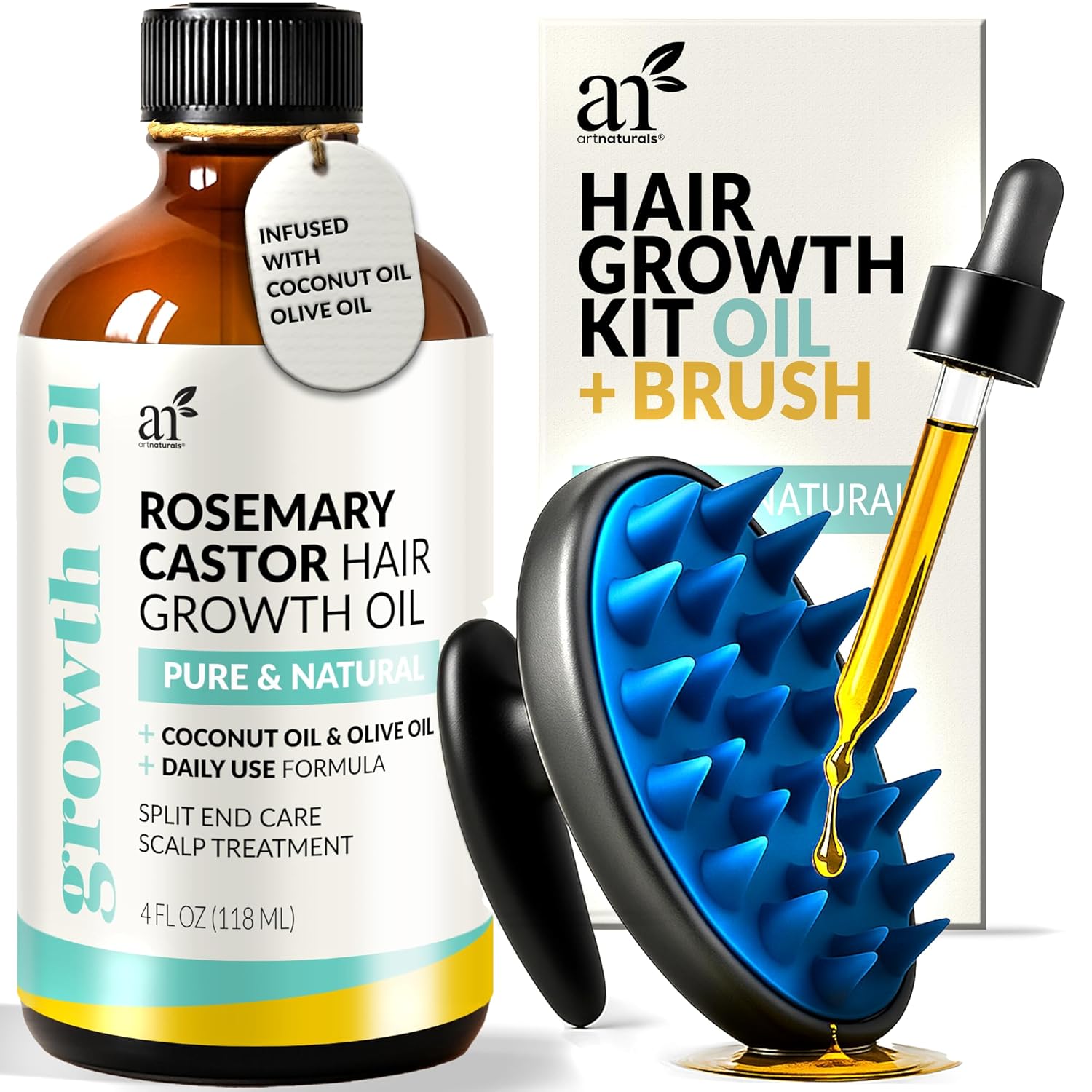Showcases the complete hair growth kit including the product bottle and applicator brush along with the retail packaging.