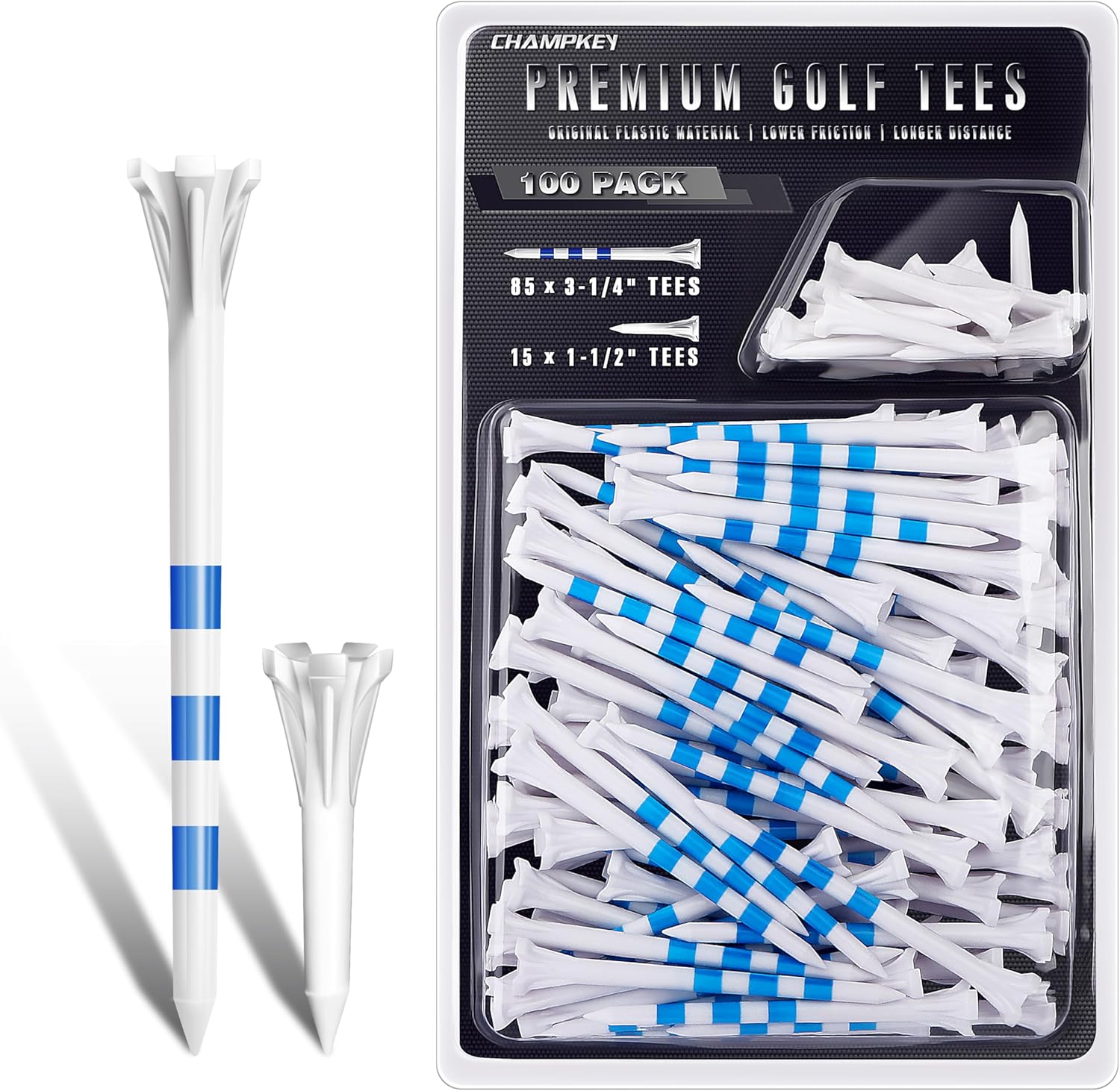 Shows the variety of golf tee sizes and the large quantity included in the package, emphasizing value for the customer. Displays the retail packaging and product details to inform customers about…