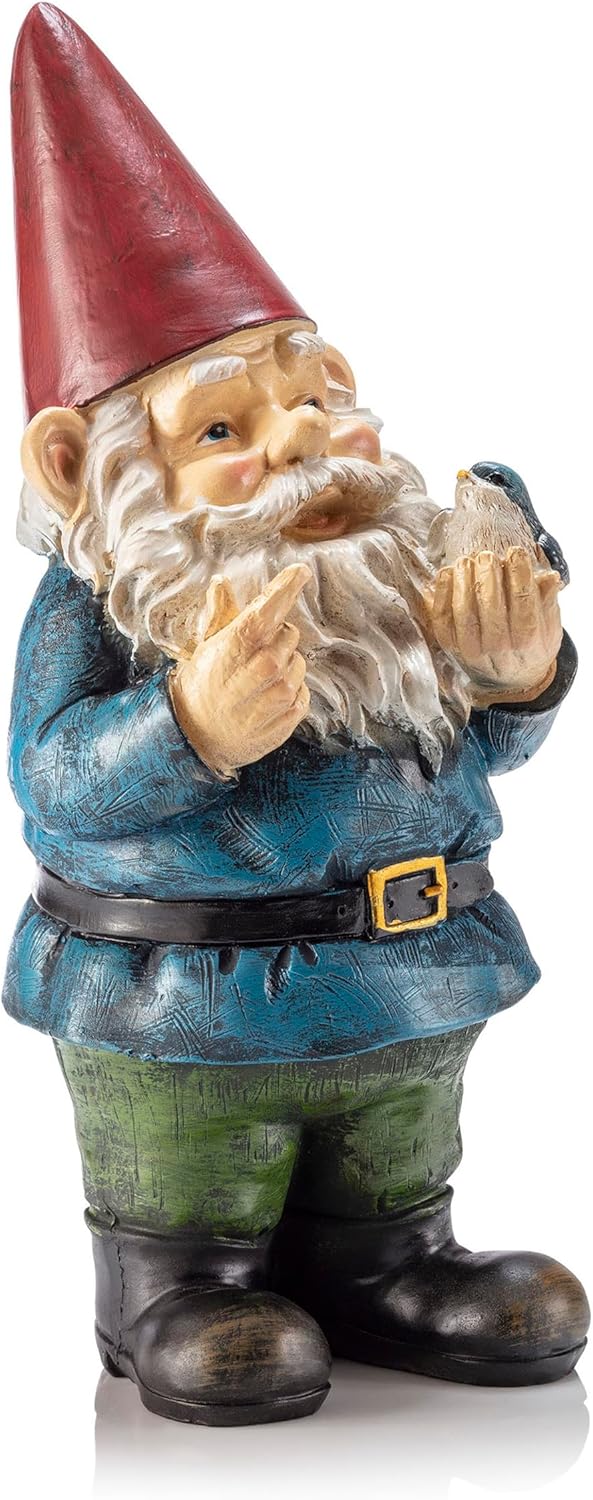 Showcases the detailed design and colorful appearance of the garden gnome product against a white background.