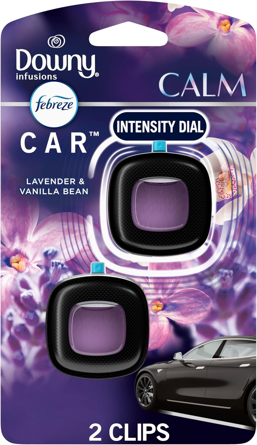 Showcases the product packaging and highlights the intensity dial feature for customizable fragrance strength in the car.