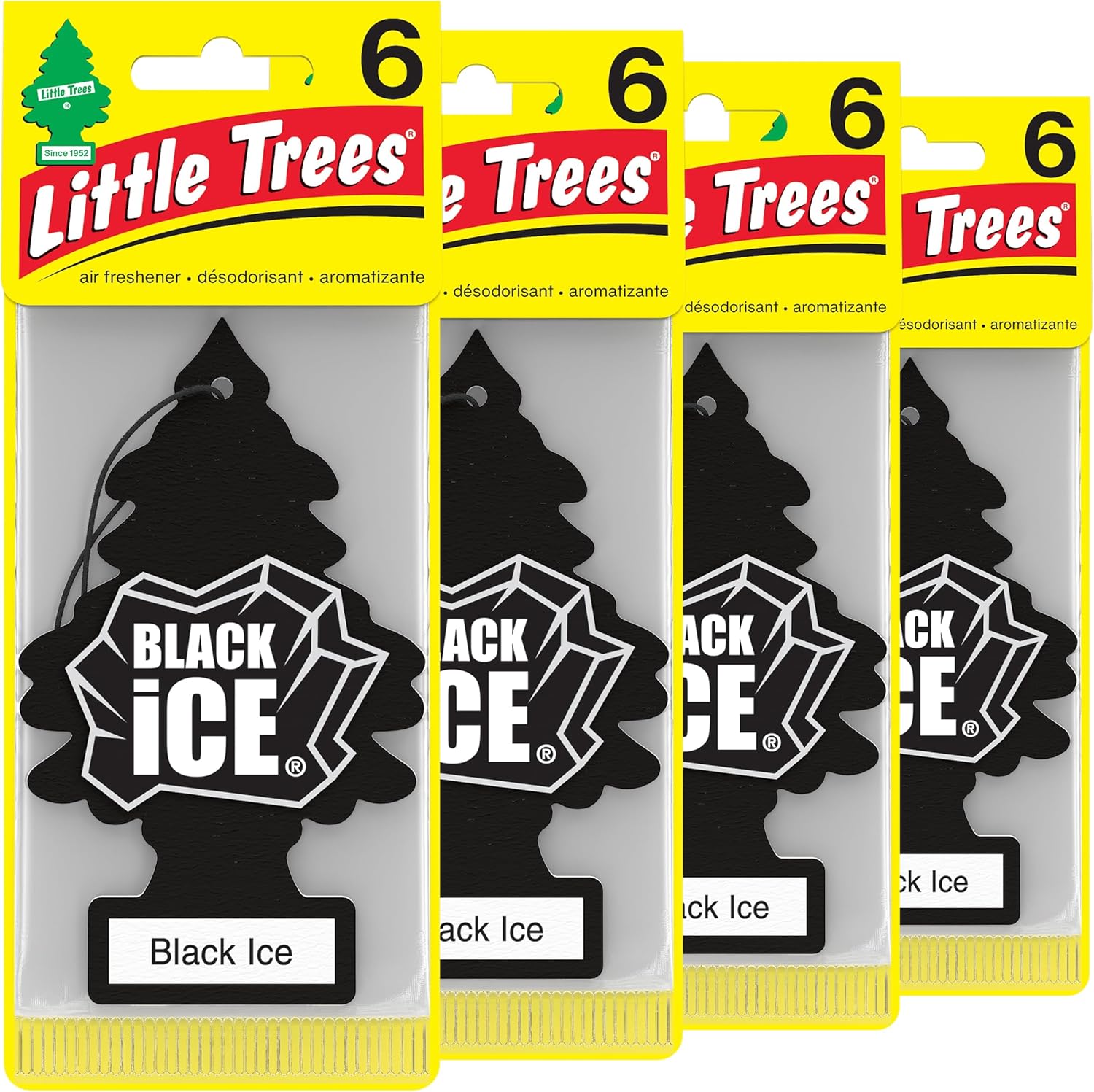 Showcases the product's retail packaging and emphasizes that it comes in a multi-pack of 6 units. Displays multiple units of the same product variant (Black Ice scent) to highlight the quantity…