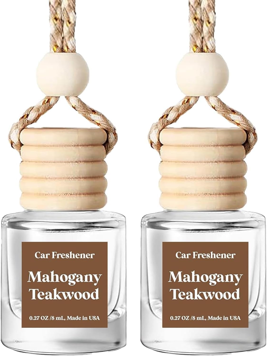 Showcases the product design and labeling of car freshener bottles to inform customers about the specific scent and appearance.