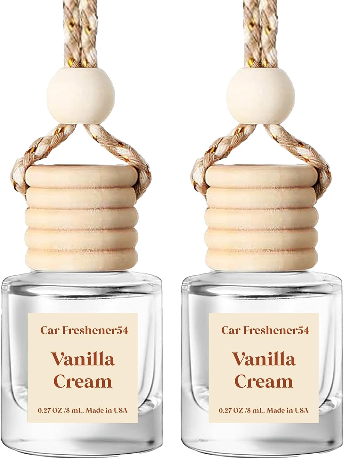 Showcases the product design and packaging of car freshener bottles.