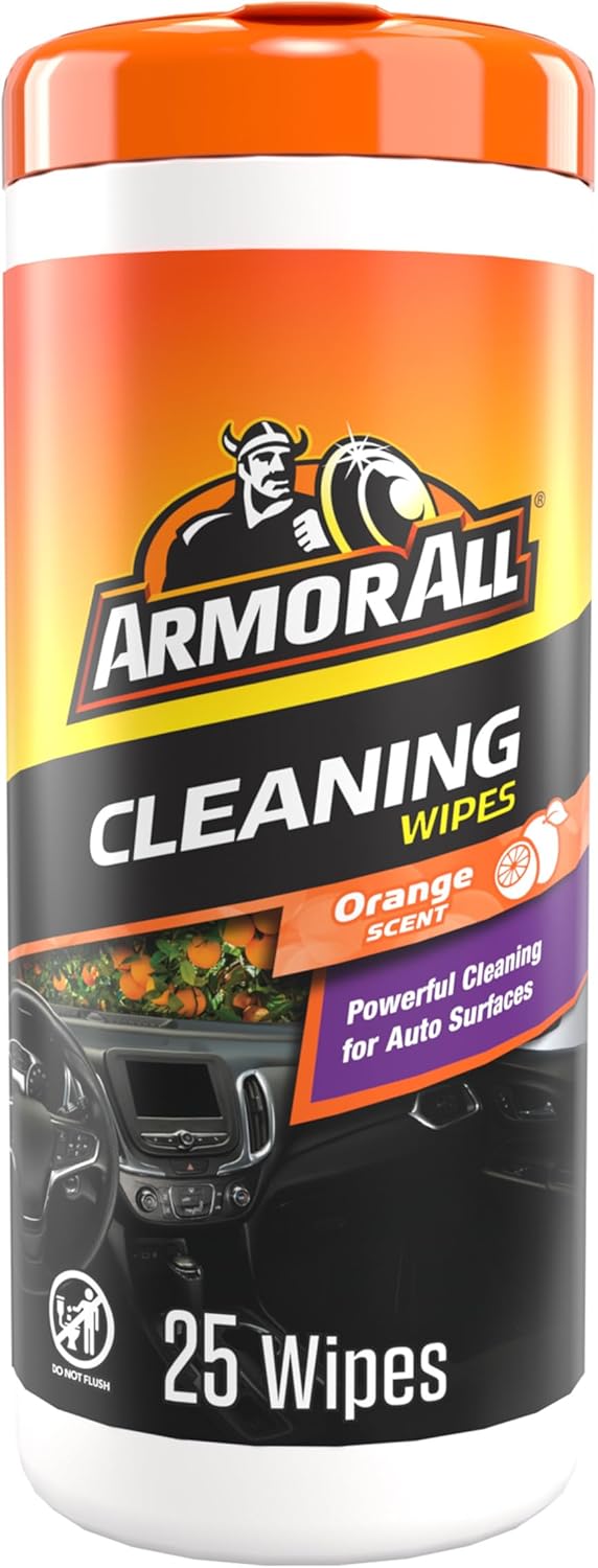 Showcases the product packaging and highlights key features like the orange scent and number of wipes.