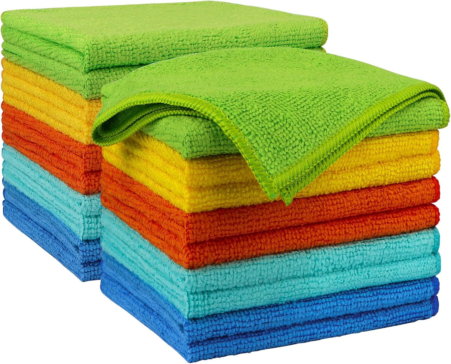 Showcases the variety of vibrant colors available in the microfiber towel set. Displays the range of color options available for the microfiber towels, allowing customers to see all choices at once.