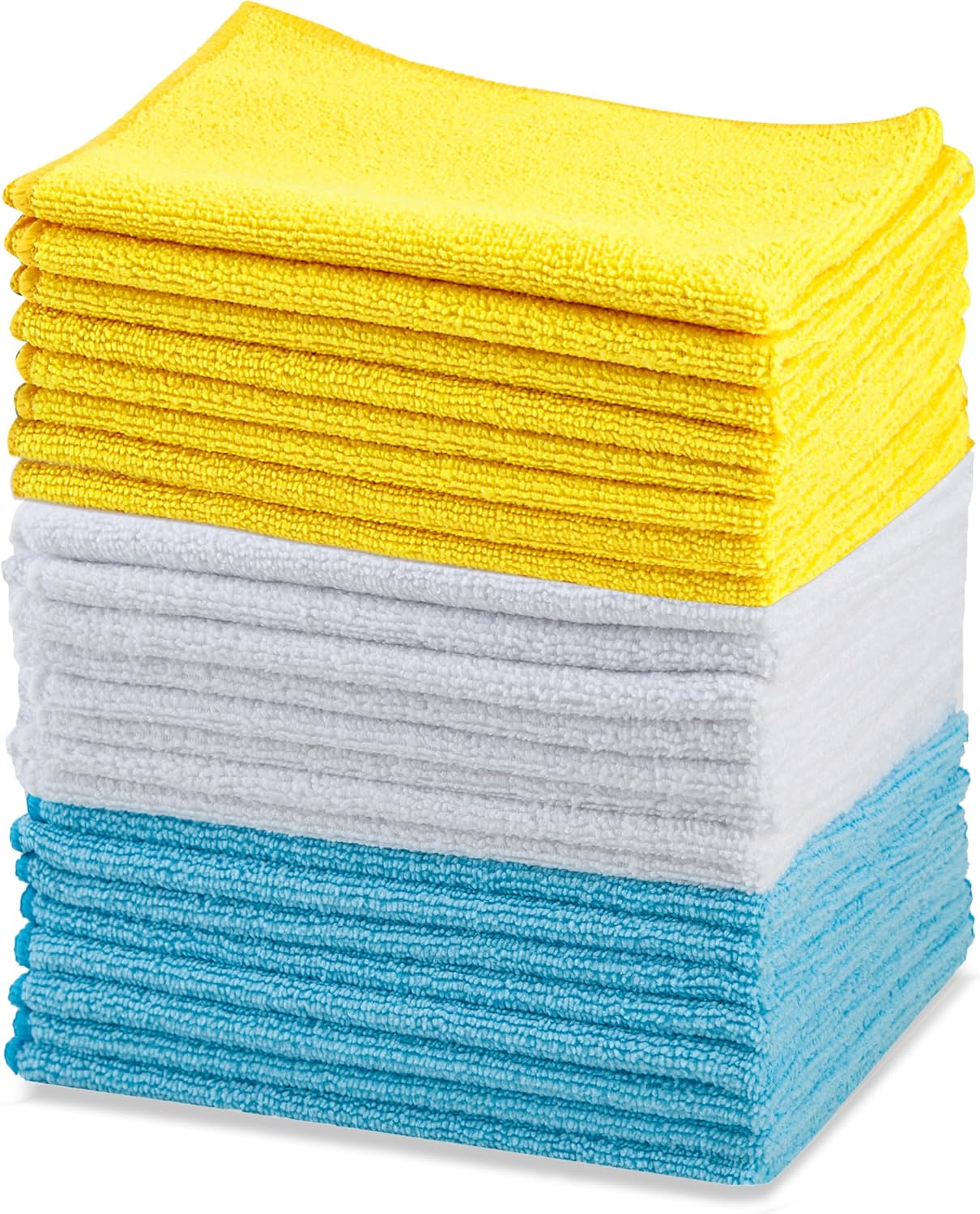 Showcases the product's variety of colors and quantity of cloths included in the set. Displays the different color options available for the microfiber cloths.