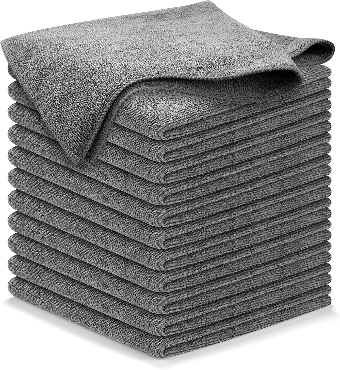 Showcases a stack of gray microfiber towels to highlight the product's quantity and quality.