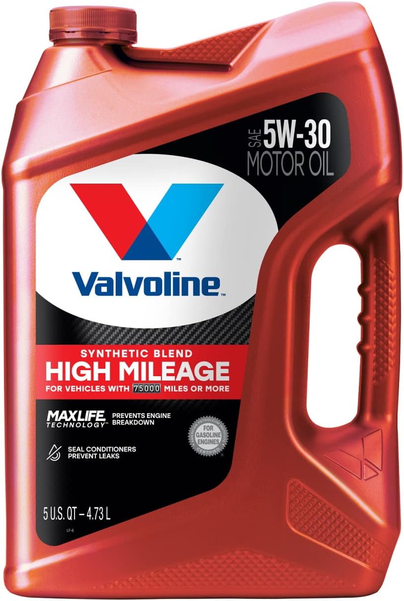 Showcases the product's key features and benefits for high mileage vehicles, emphasizing its synthetic blend formula.