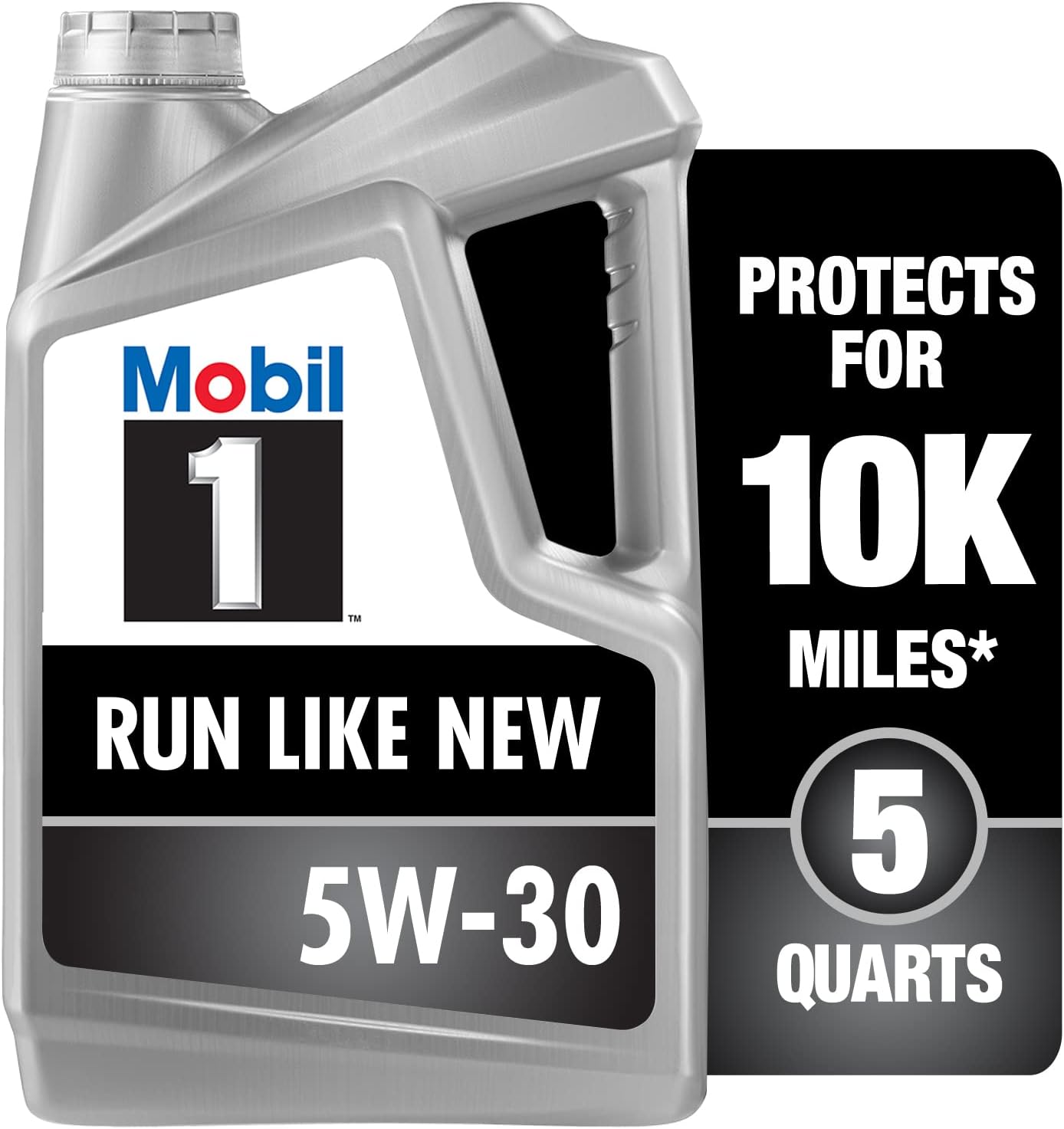 Showcases the Mobil 1 motor oil product and highlights its ability to protect engines for up to 10,000 miles. Displays the product packaging to inform customers of the quantity and container size.