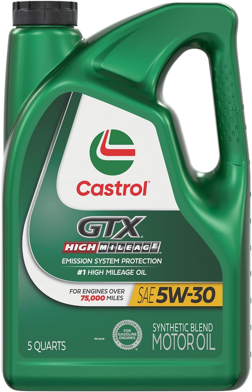 Showcases the product container and key features of the motor oil, emphasizing its high mileage formulation and emission system protection.