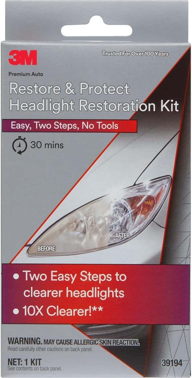 Showcases the product packaging and highlights the key benefits of the headlight restoration kit. Demonstrates the effectiveness of the product by showing a before and after image of a restored…