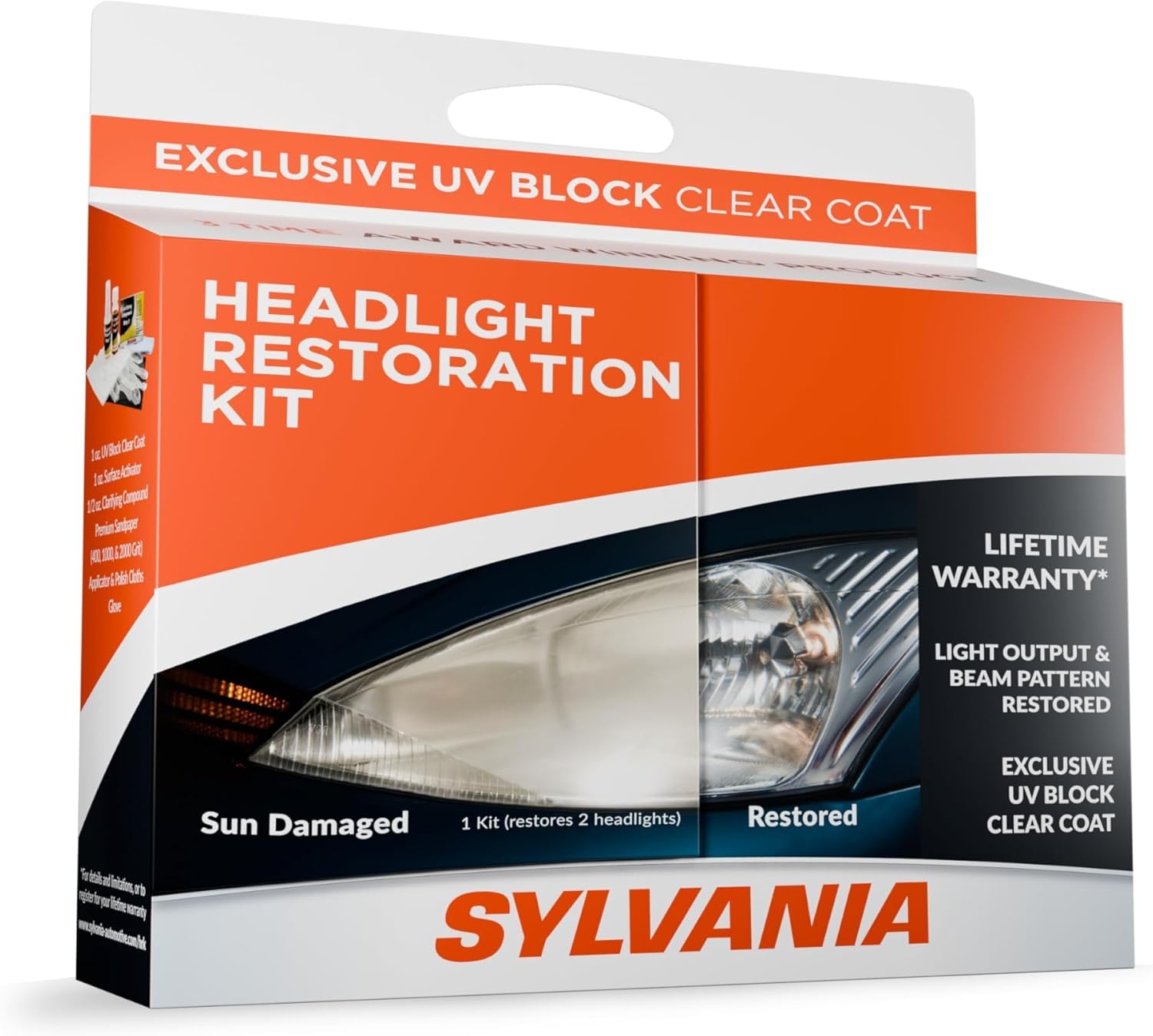 Showcases the product packaging to clearly identify the item being sold and its primary function. Demonstrates the effectiveness of the product by showing a side-by-side comparison of headlights…