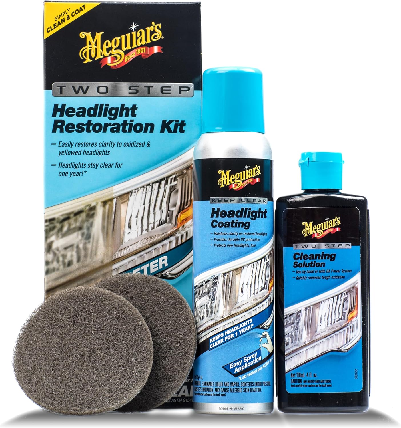 Shows the product packaging and all included components to demonstrate the comprehensive nature of the headlight restoration kit.