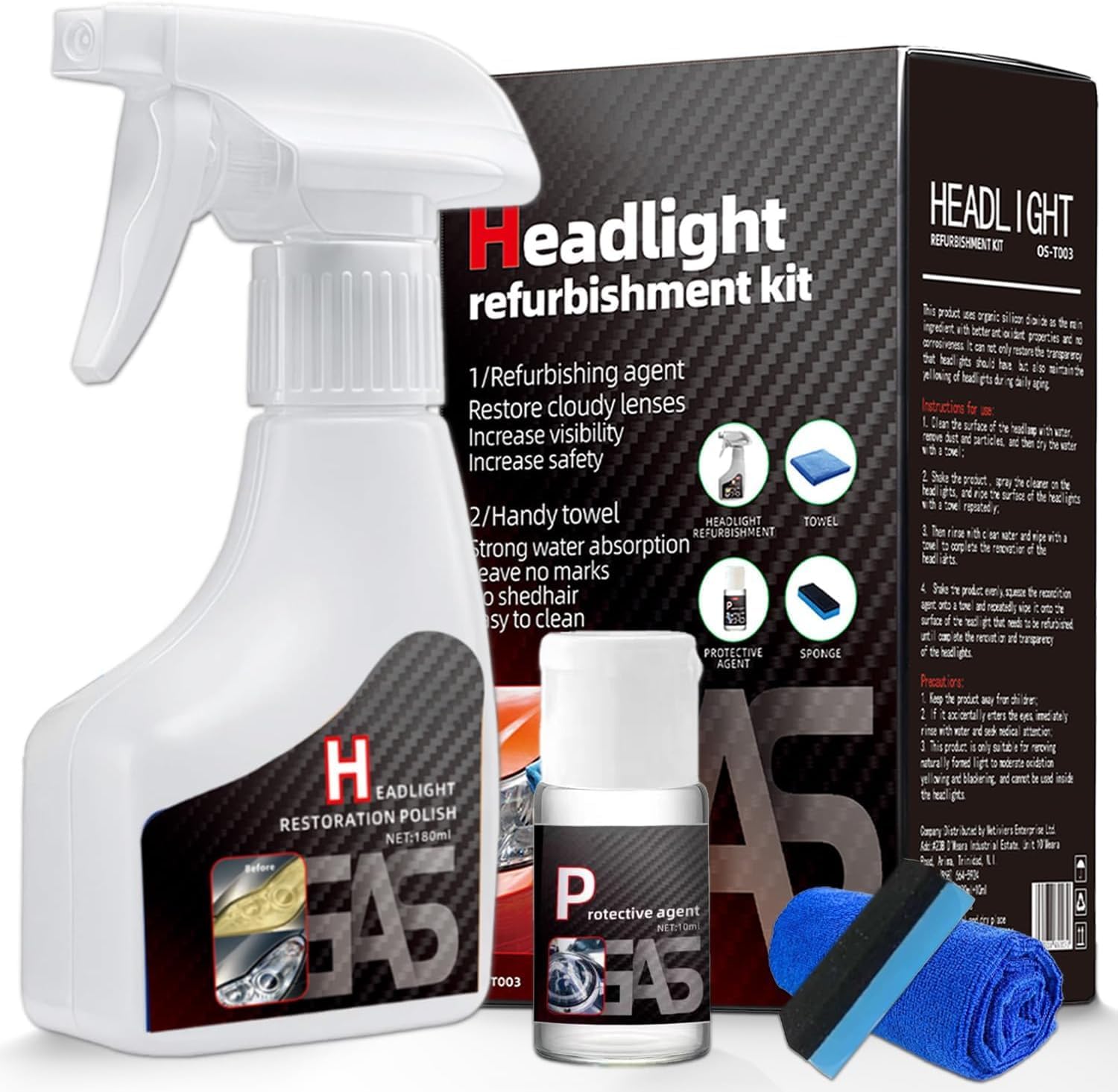 Showcases all components of the headlight restoration kit to demonstrate the complete solution offered. Displays all included items in the kit to inform customers about the comprehensive nature of…