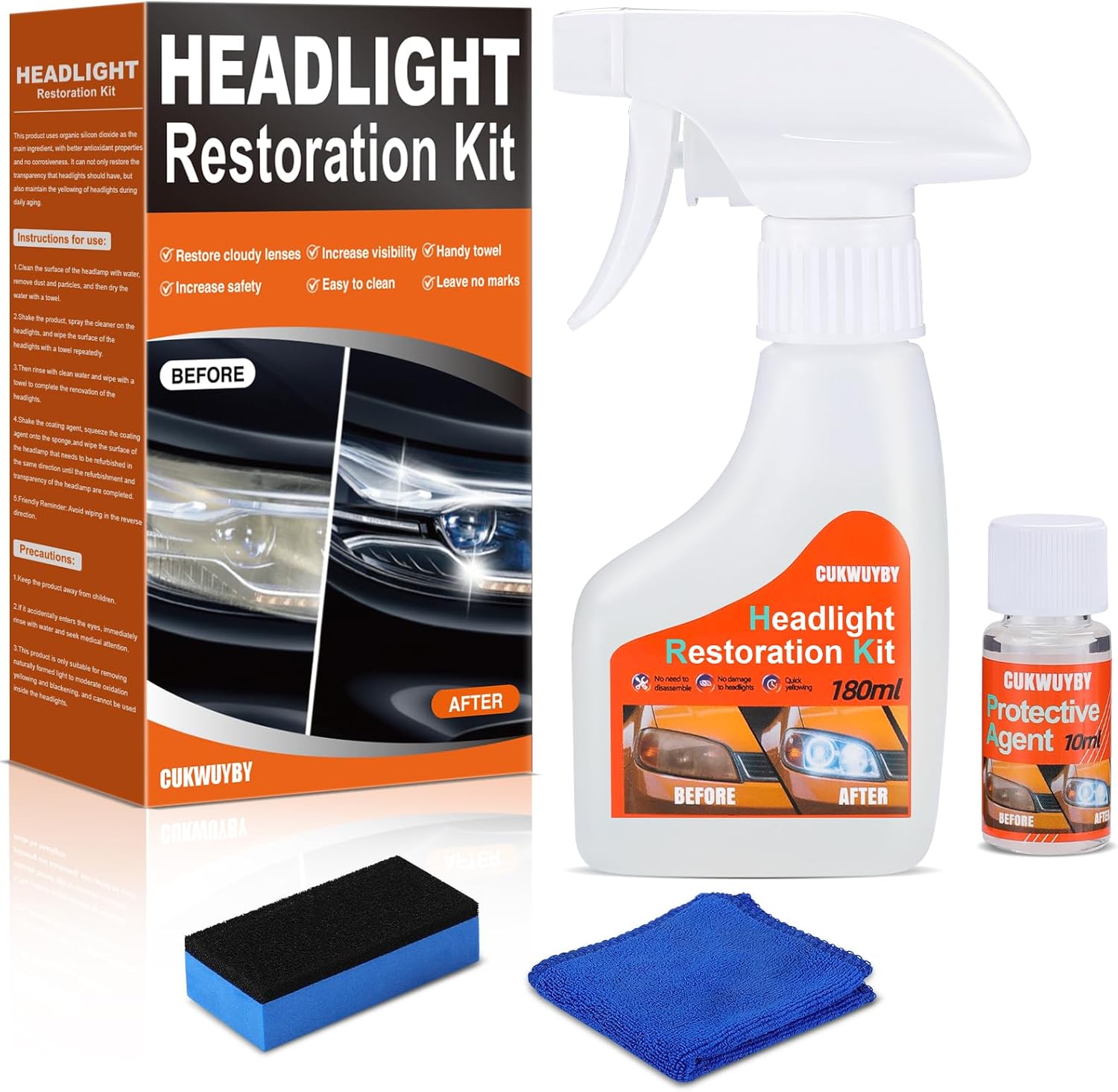 Showcases all components of the headlight restoration kit to demonstrate value and ease of use. Displays each individual item included in the kit to inform customers of the complete package they…
