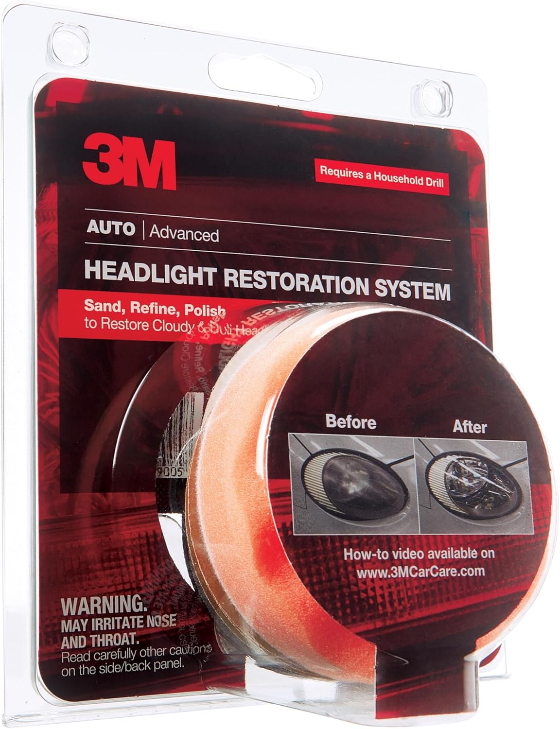 Showcases the headlight restoration system kit and demonstrates its effectiveness with before and after images.