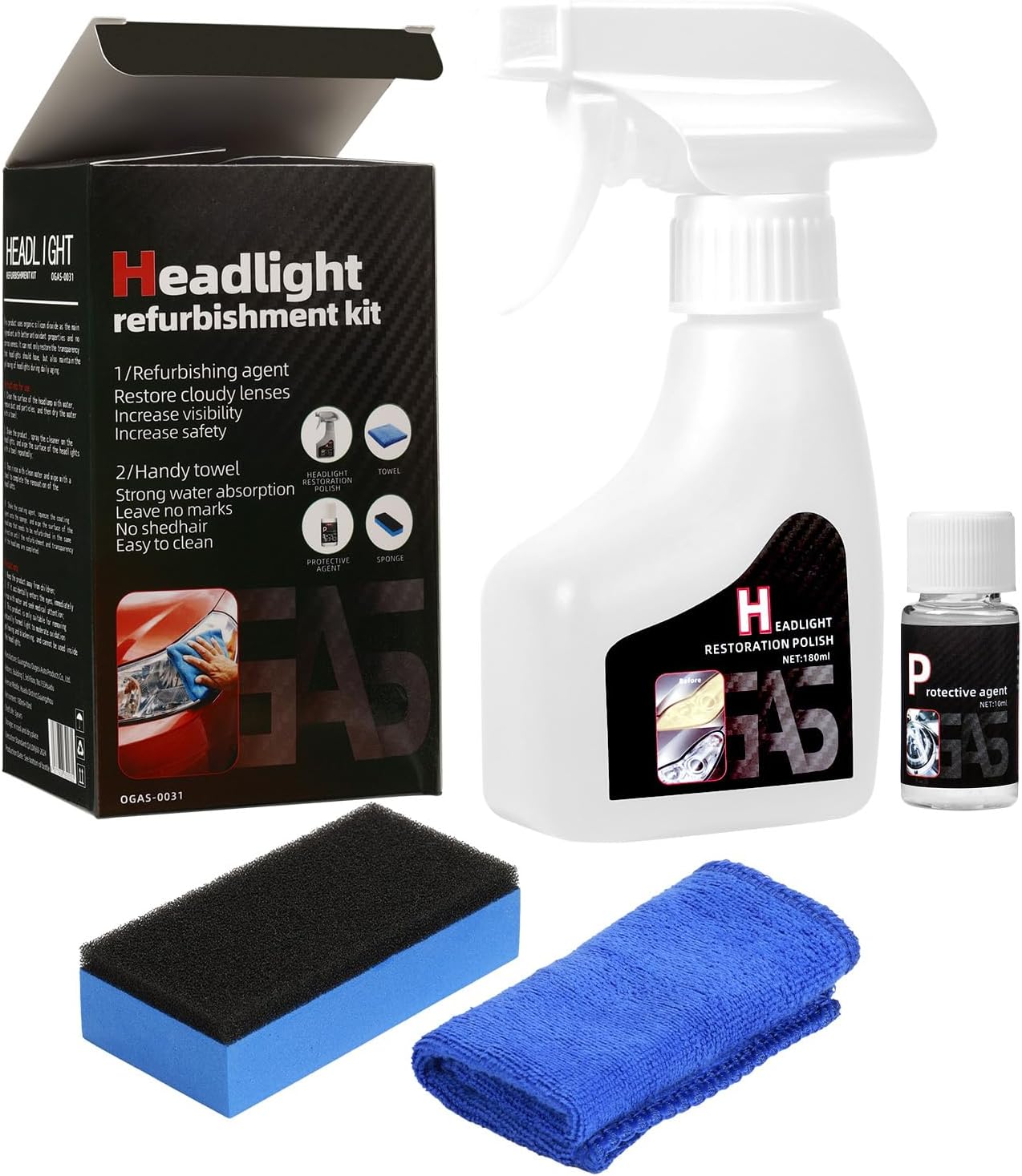 Showcases all components of the headlight restoration kit to demonstrate the complete solution offered. Displays all included items to give customers a clear understanding of what they will receive…