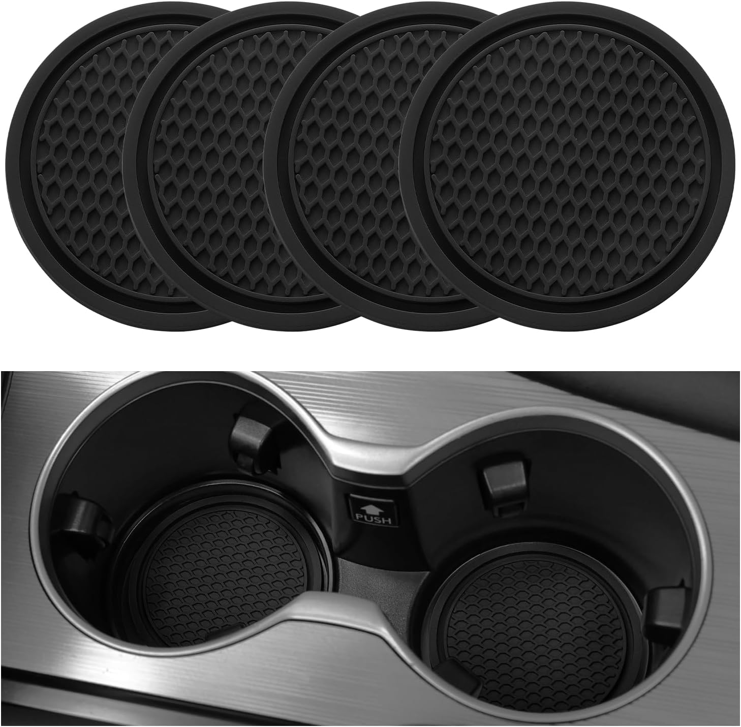 Showcases the product's design and quantity to demonstrate its functionality as a set of car accessories. Illustrates that the product comes as a complete set of four coasters, emphasizing value for…