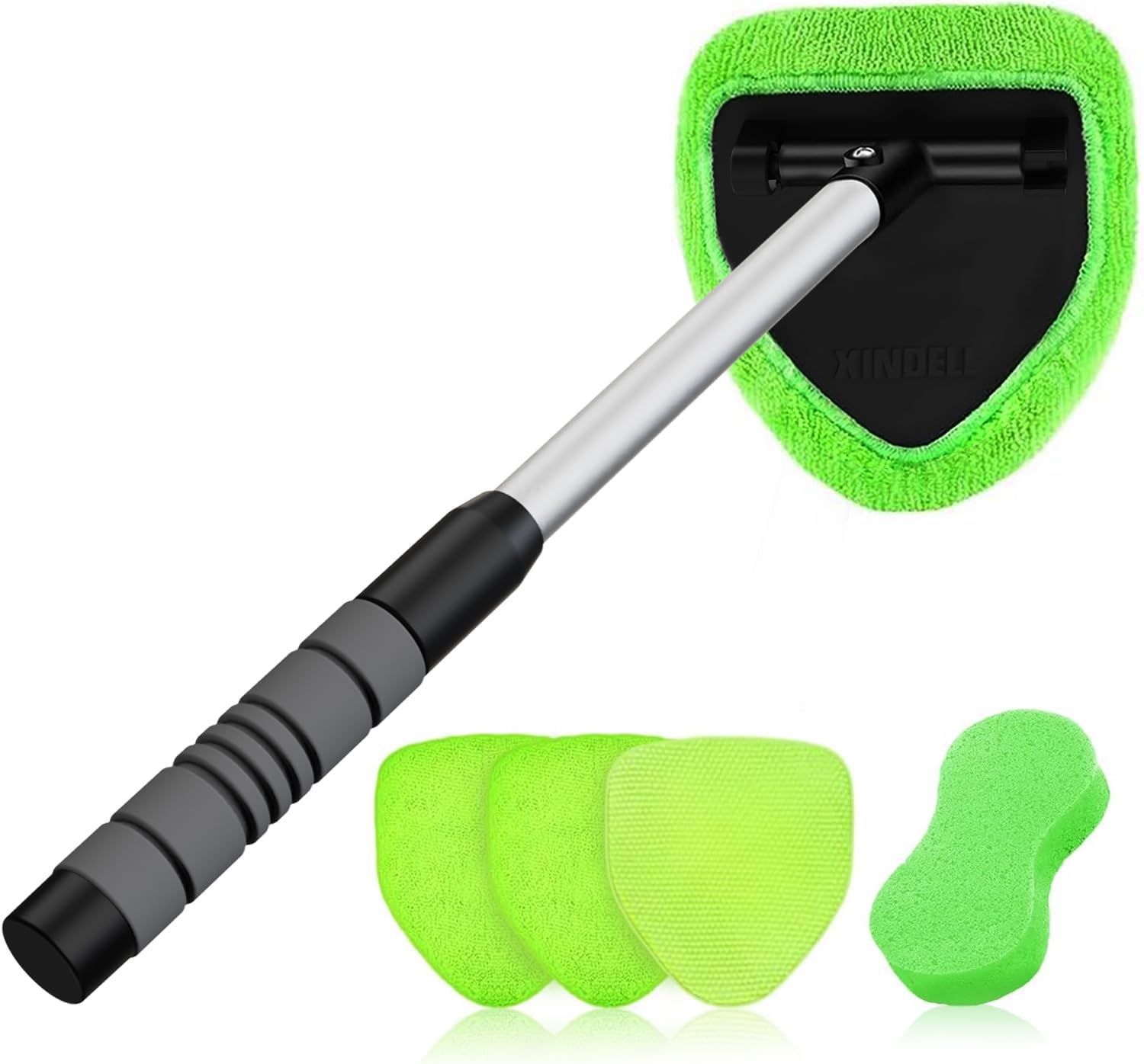 Showcases the complete cleaning tool set with multiple microfiber pads and an extendable handle. Displays all components of the cleaning set to show the variety of tools included for different…