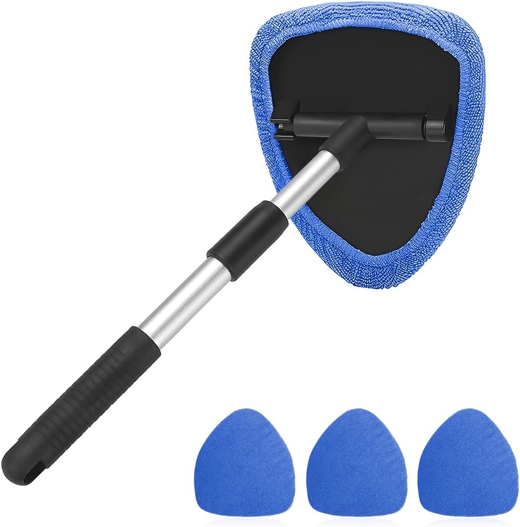 Showcases the main cleaning tool with its extendable handle and multiple microfiber pads, highlighting the product's versatility and included accessories.