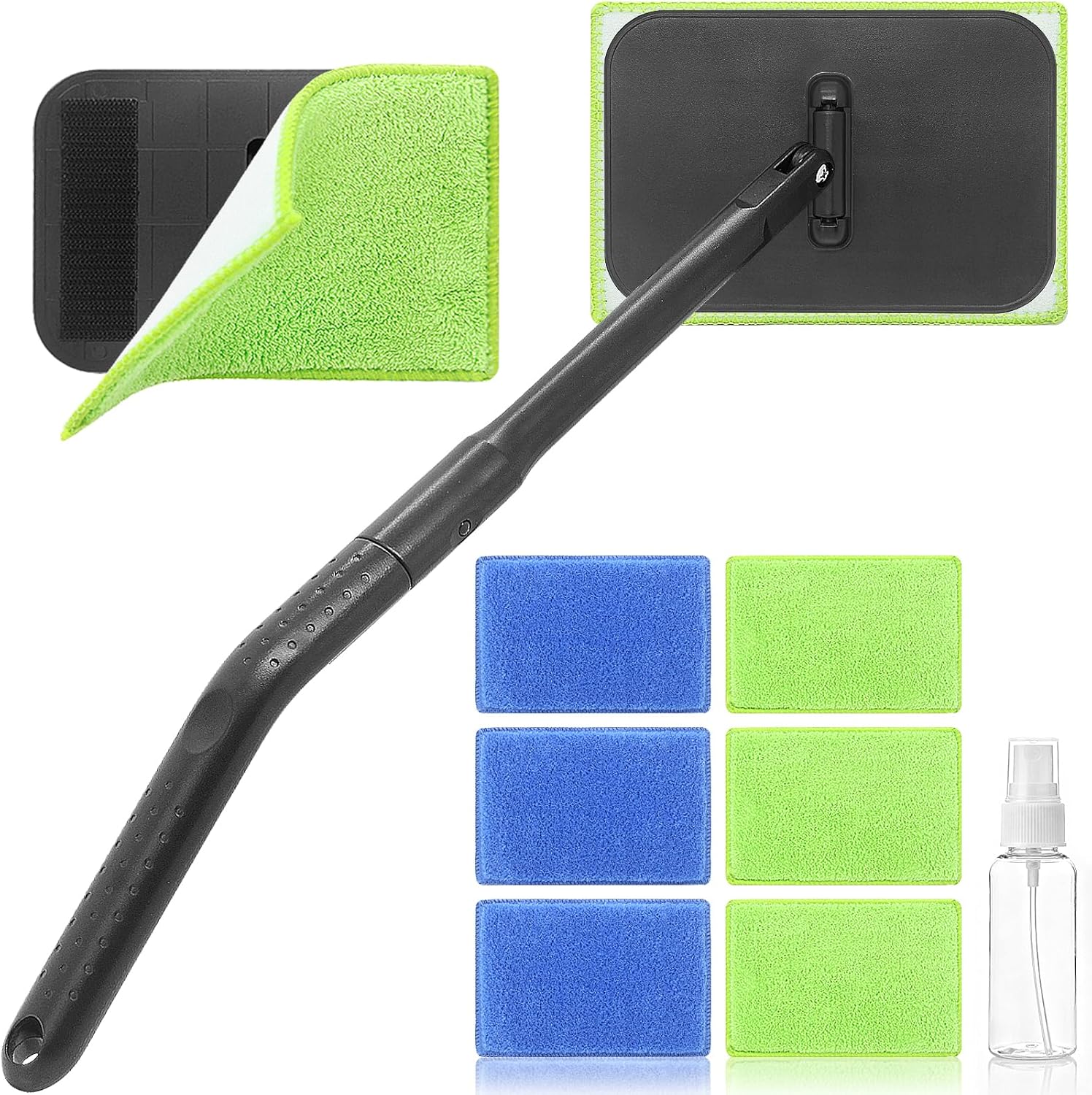 Showcases the complete cleaning tool set including the extendable handle and multiple microfiber pads. Highlights the variety of cleaning pads included, demonstrating versatility for different…