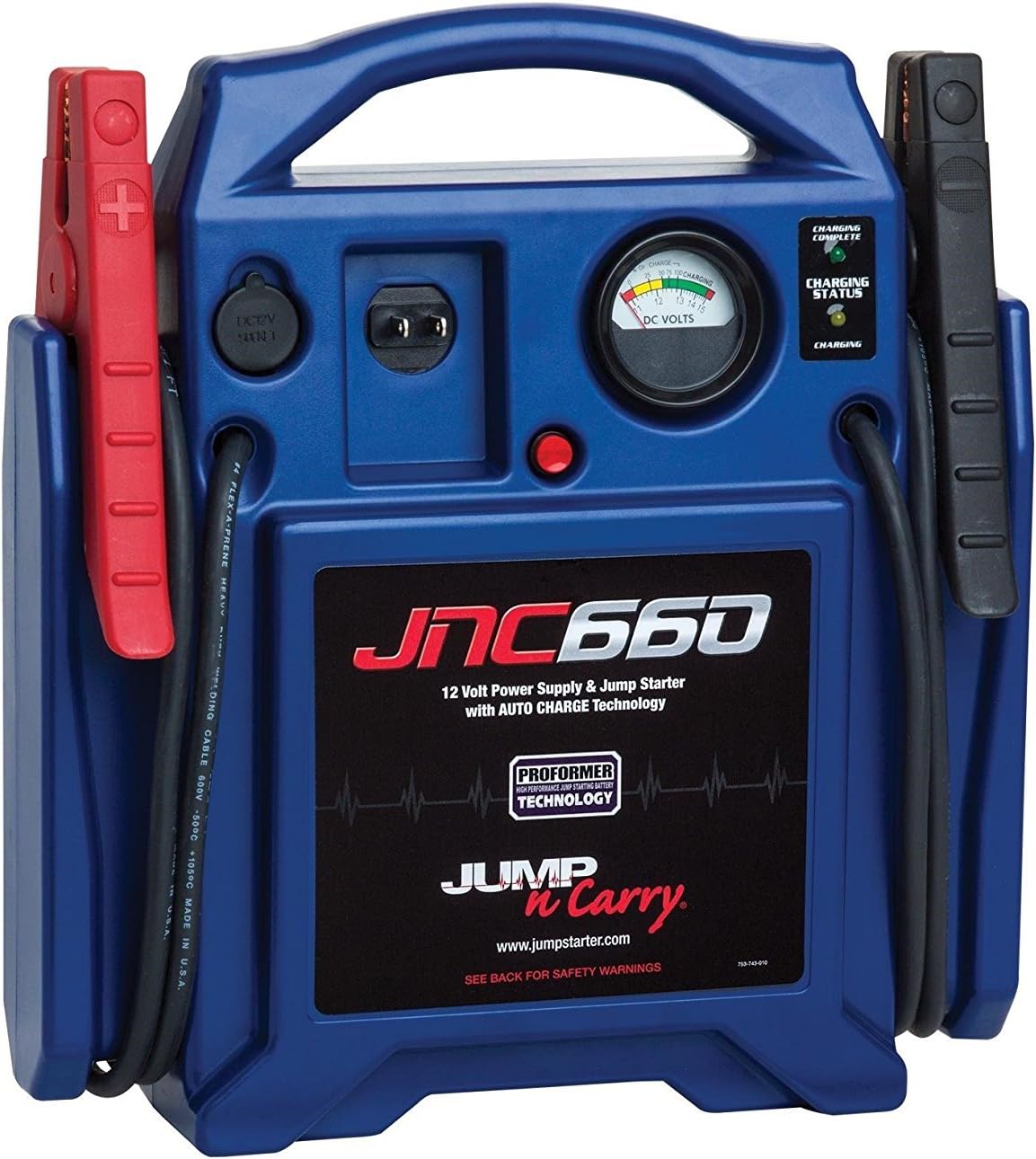 Showcases the JNC660 jump starter and power supply unit, highlighting its key features and functionality.