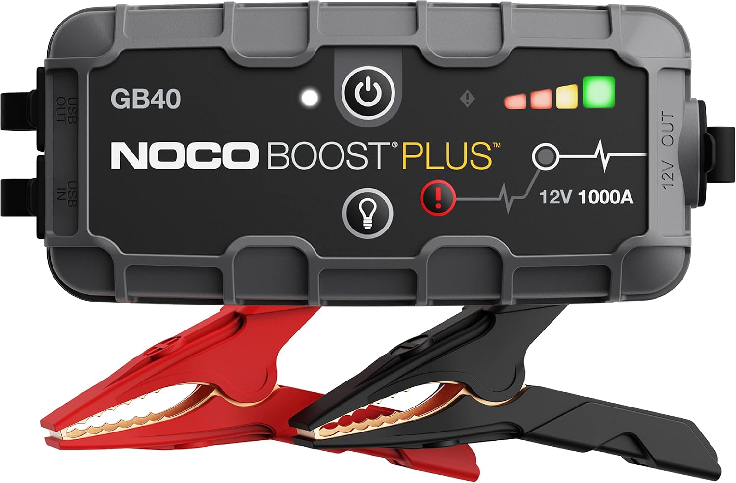 Showcases the NOCO Boost Plus GB40 jump starter, highlighting its compact design and key features for potential buyers.