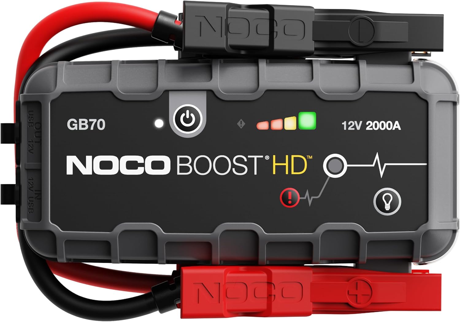 Showcases the product's key features and specifications to highlight its capability as a powerful portable jump starter.