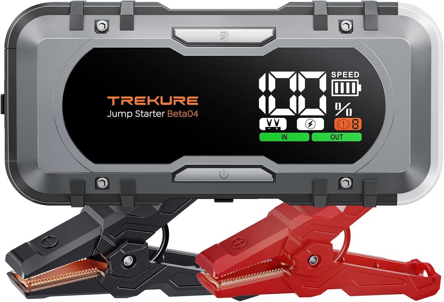 Showcases the product's digital interface and durable construction to highlight its advanced features and durability. Displays the included jumper cables to show the complete package and emphasize…