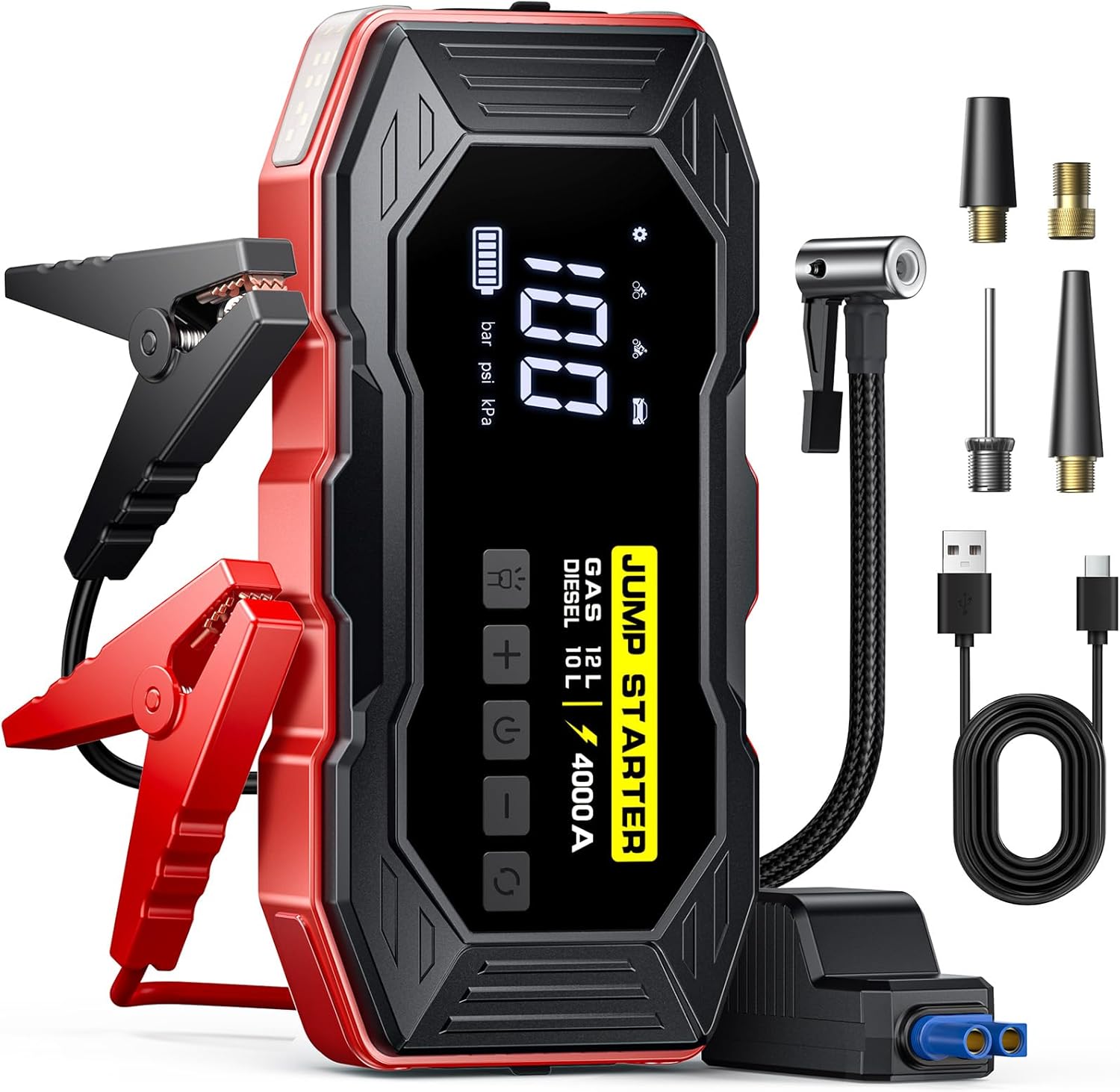 Showcases the product's digital interface and portable form factor, highlighting its ease of use and convenience. Displays the included accessories and attachments, demonstrating the product's…