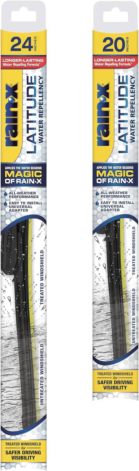 Shows two different sizes of the same product to inform customers about available options. Highlights the product's water repelling feature for improved visibility and safer driving.