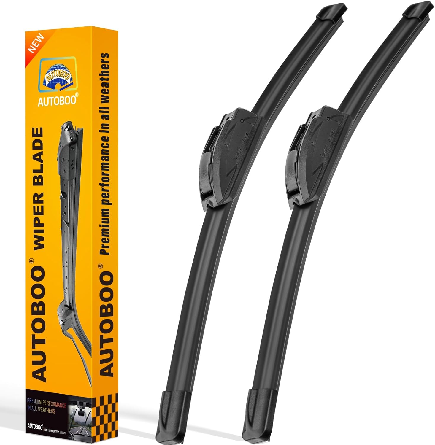 Shows the complete set of wiper blades included in the package, demonstrating the product's components clearly. Displays the product packaging to highlight the brand and convey a sense of quality…