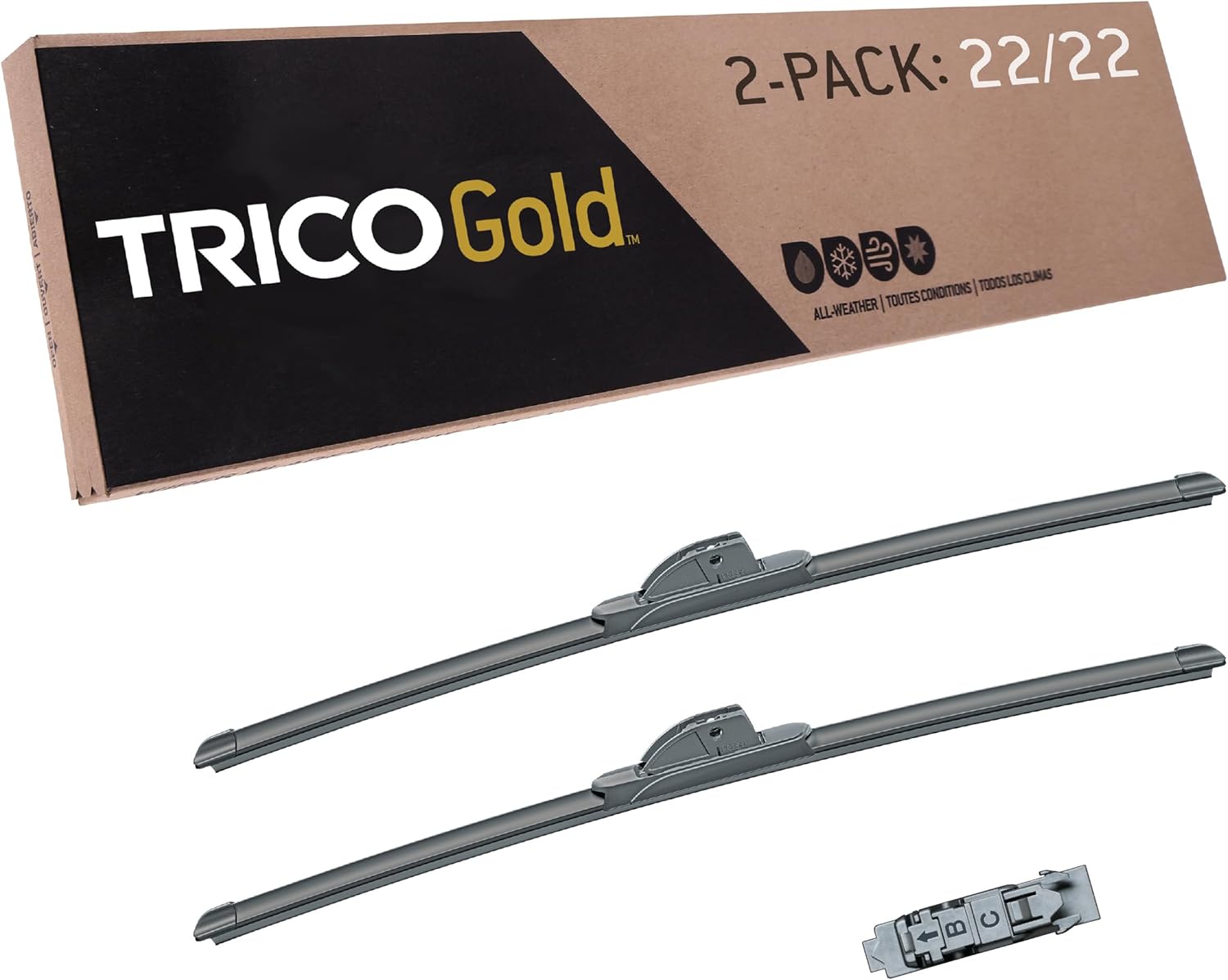 Shows the product packaging and included wiper blades to inform customers about the contents and quantity of the purchase.