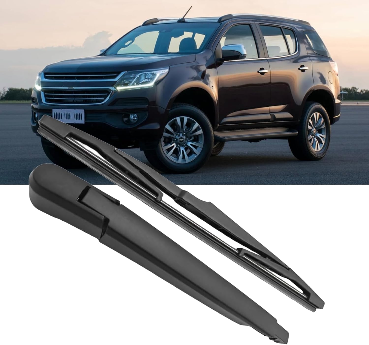 Showcases the SUV's exterior design and highlights the compatible windshield wiper accessory. Demonstrates the specific windshield wiper parts that are compatible with the vehicle model shown.