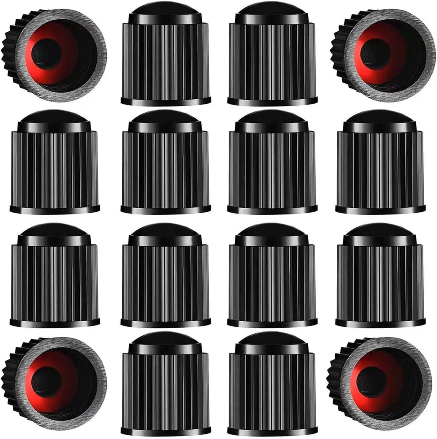 Showcases multiple valve stem caps to highlight the product's design and quantity included. Displays different valve stem cap designs to show the variety available in the set.