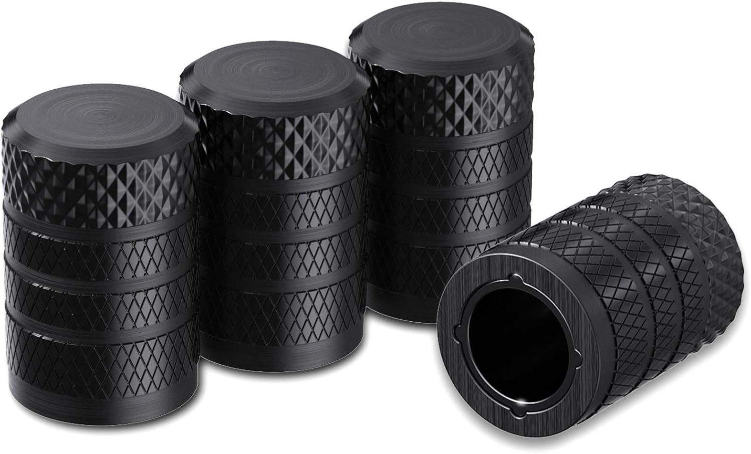 Showcases the product's design and quantity, highlighting the set of black metal tire valve caps. Demonstrates that the product comes as a set of multiple valve caps, indicating value and…