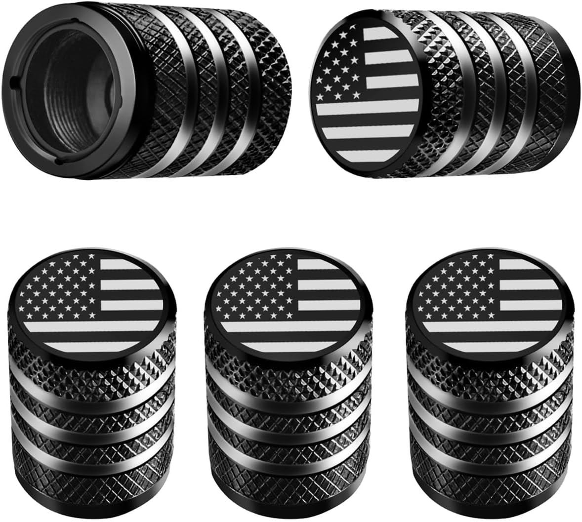 Showcases the product design and American flag motif to appeal to patriotic customers. Displays the set of valve stem caps to show quantity and consistency of design.
