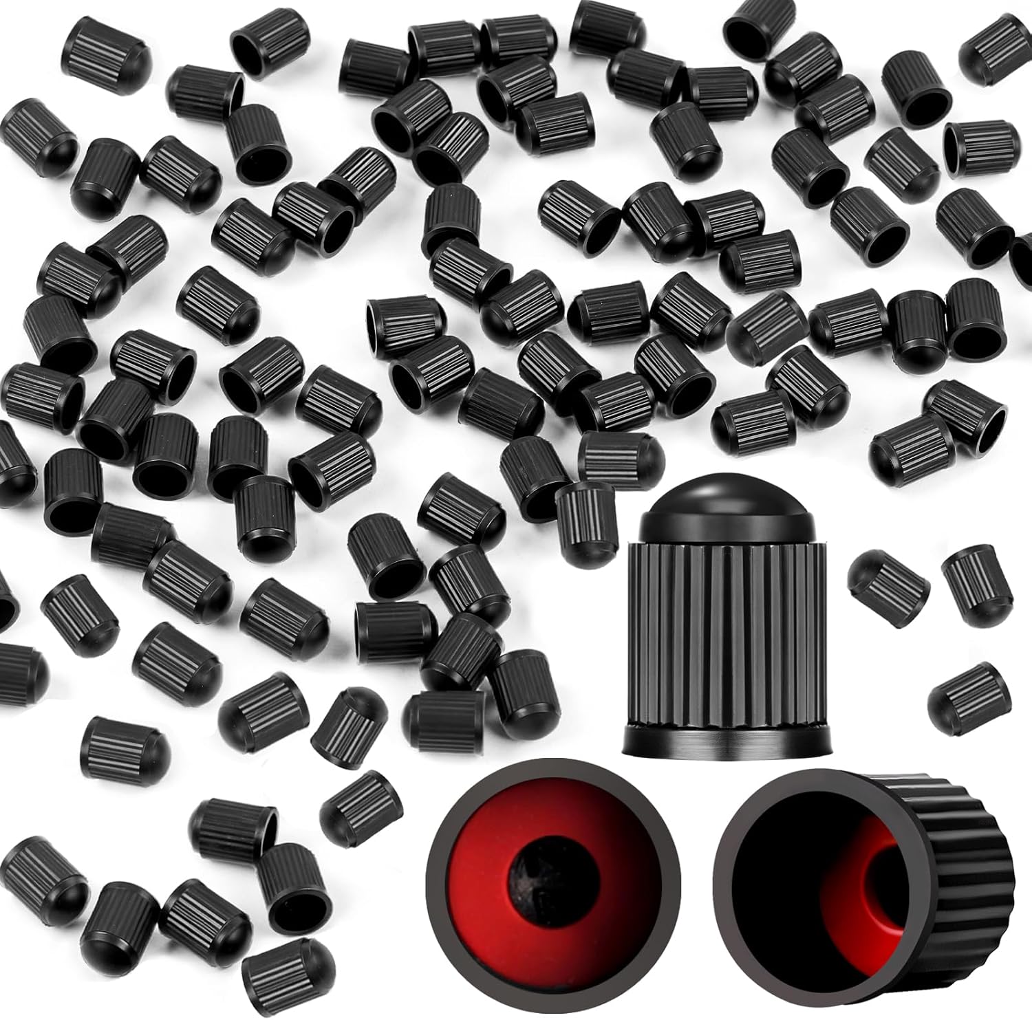 Showcases the product's quantity and design variety to demonstrate value and versatility. Displays the full set of valve stem caps and highlights the interior design for functionality.